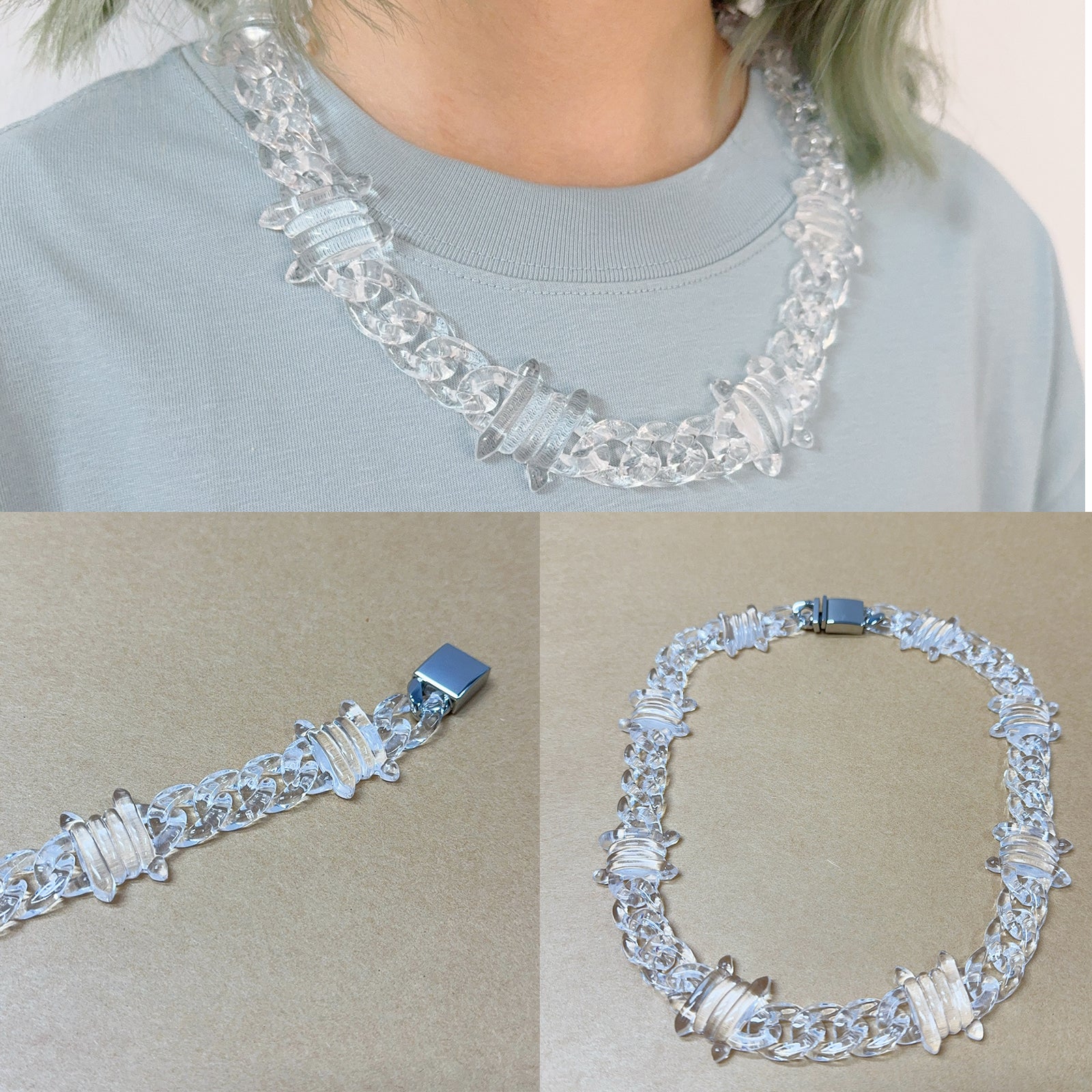 Clear Acrylic Barbed Wire Chain Necklace, Punk Gothic Statement Jewelry with Transparent Links