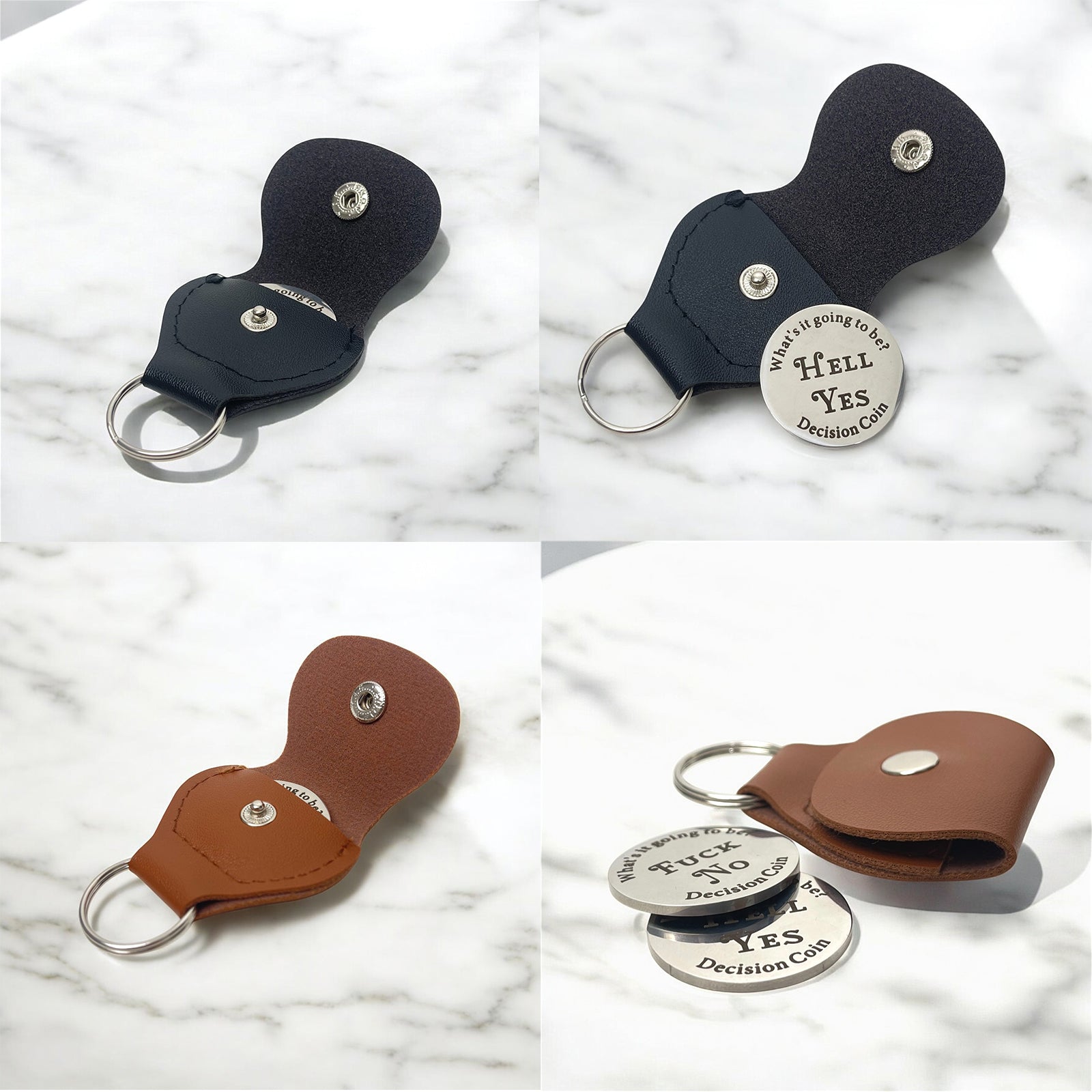 Hell Yes Fuck No Decision Coin with Leather Keychain Holder, Funny Decision Maker Coin for Dilemmas