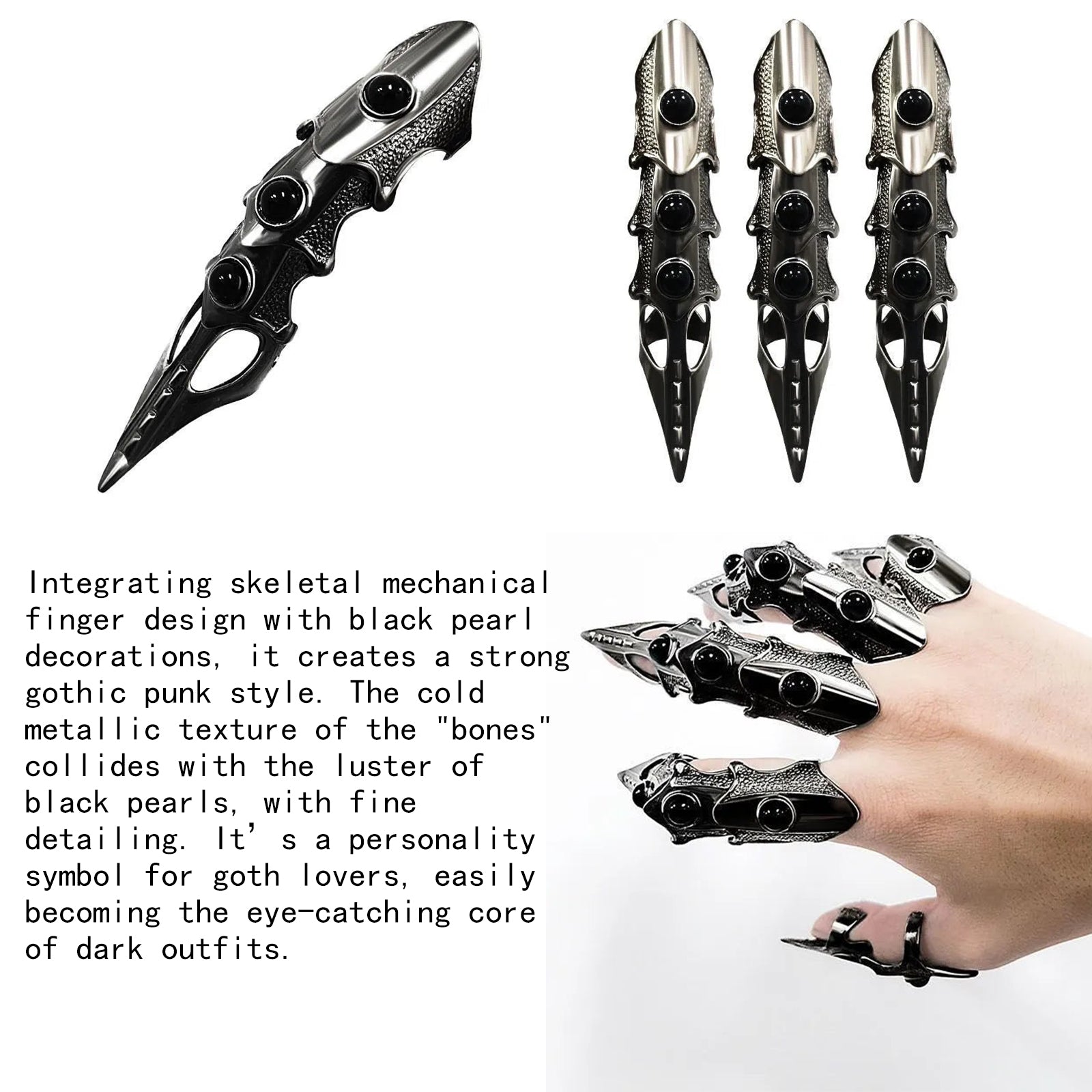 Black Pearl Skull Skeleton Hand Finger Armor Ring, Gothic Punk Mechanical Finger Jewelry for Men