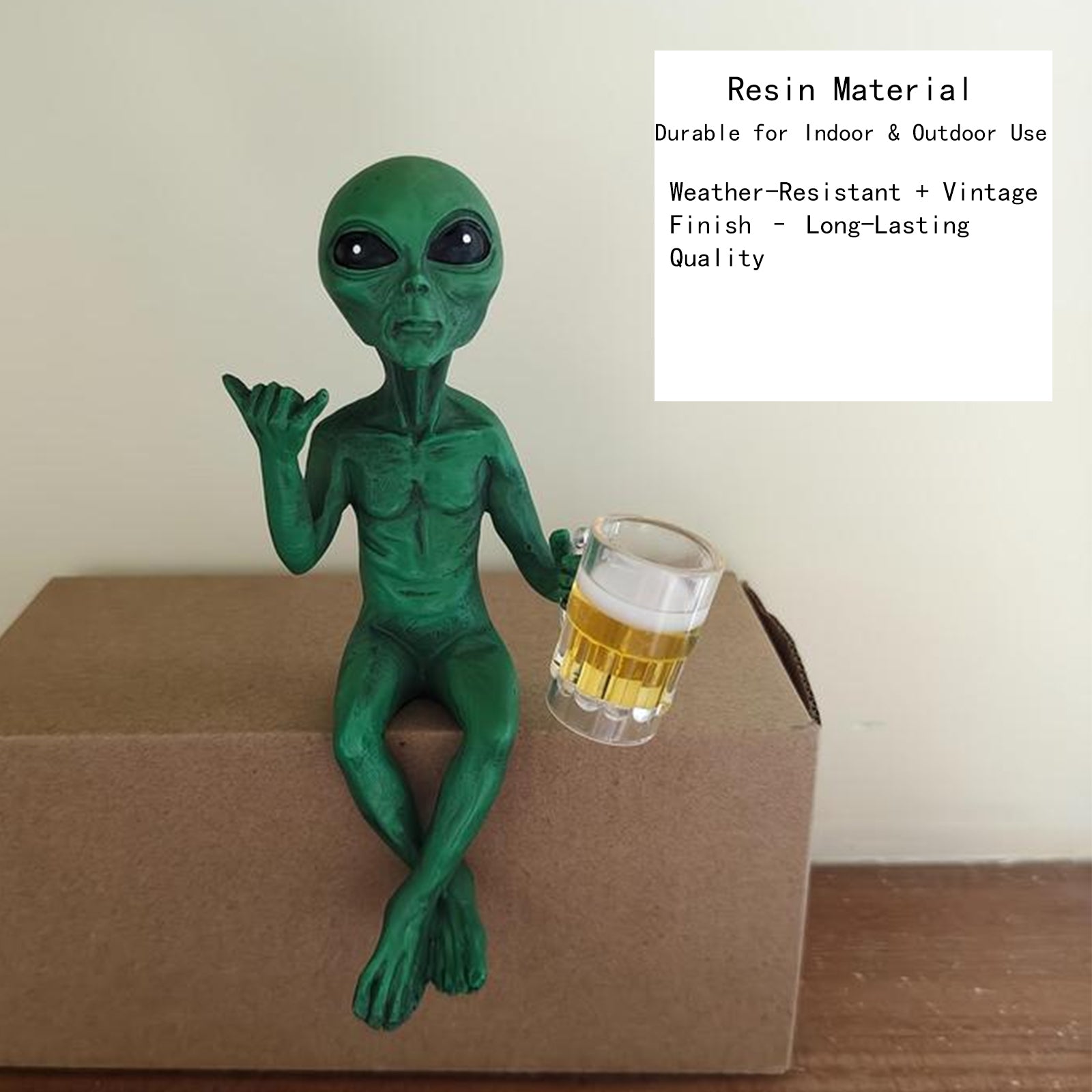 Alien with Beer Figurine Invasion 'Party Alien' Male Hang Loose Beer Drinking Ledge Lounger 15 Inch Funny Home or Garden Statue