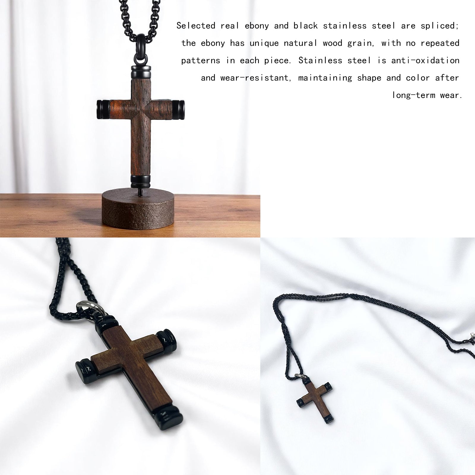 Men's Wooden Cross Necklace, Real Ebony Inlaid Black Stainless Steel Christian Crucifix Pendant