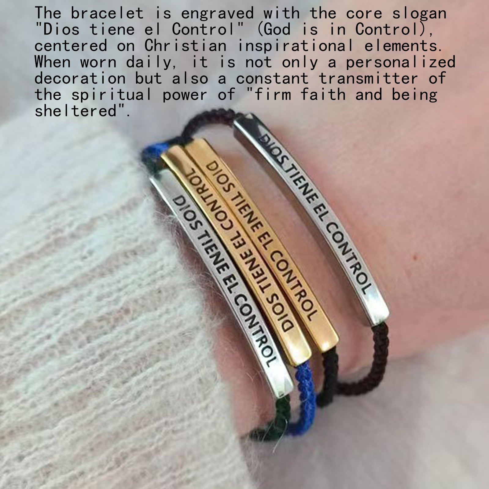 Dios tiene el Control Inspiration Bracelet, Unisex Adjustable Braided Bracelet with Motivational Message
