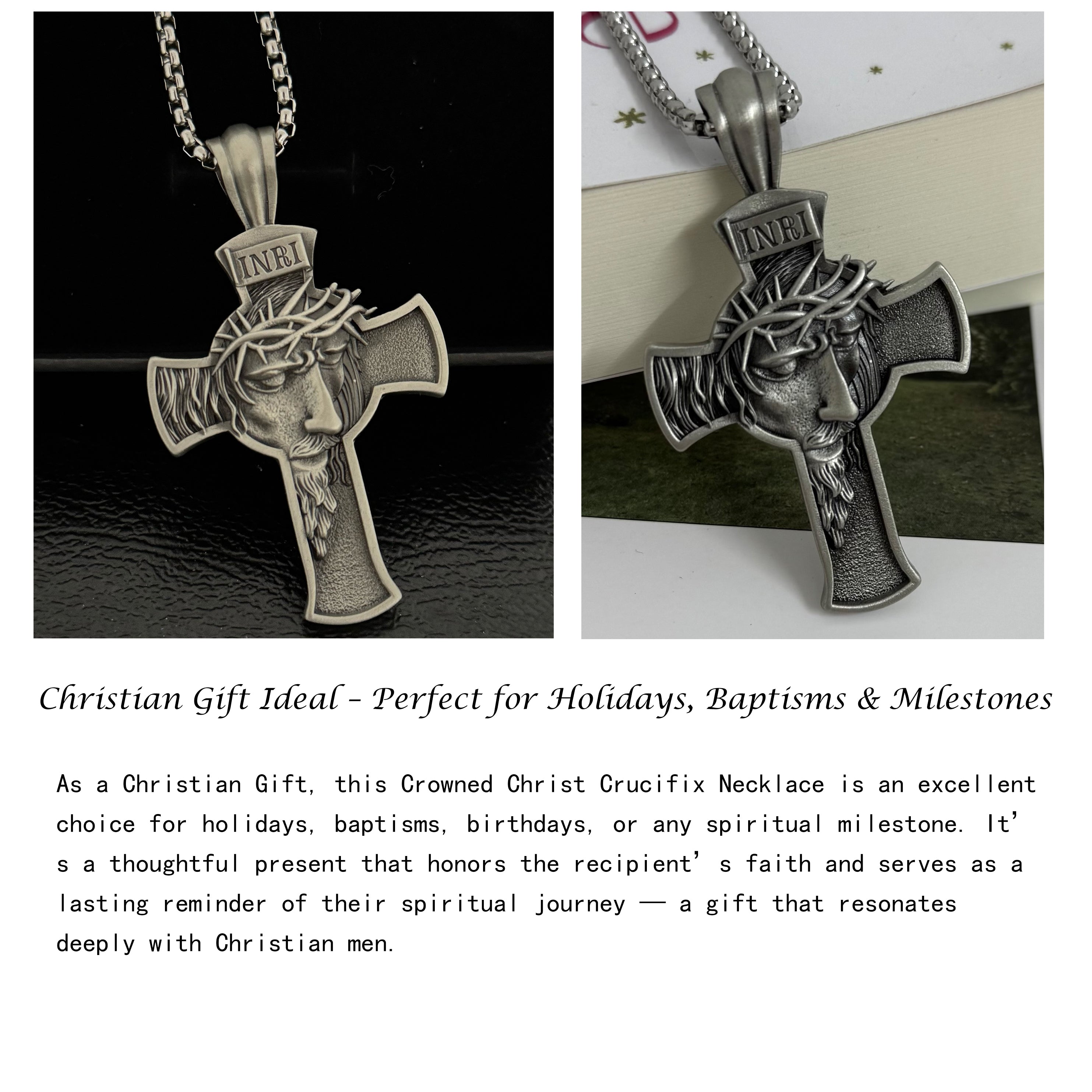 Jesus Christ Necklace,Crowned Christ Crucifix Necklace,INRI Cross Pendant,Jesus Necklace for Men,Mens Cross Necklaces