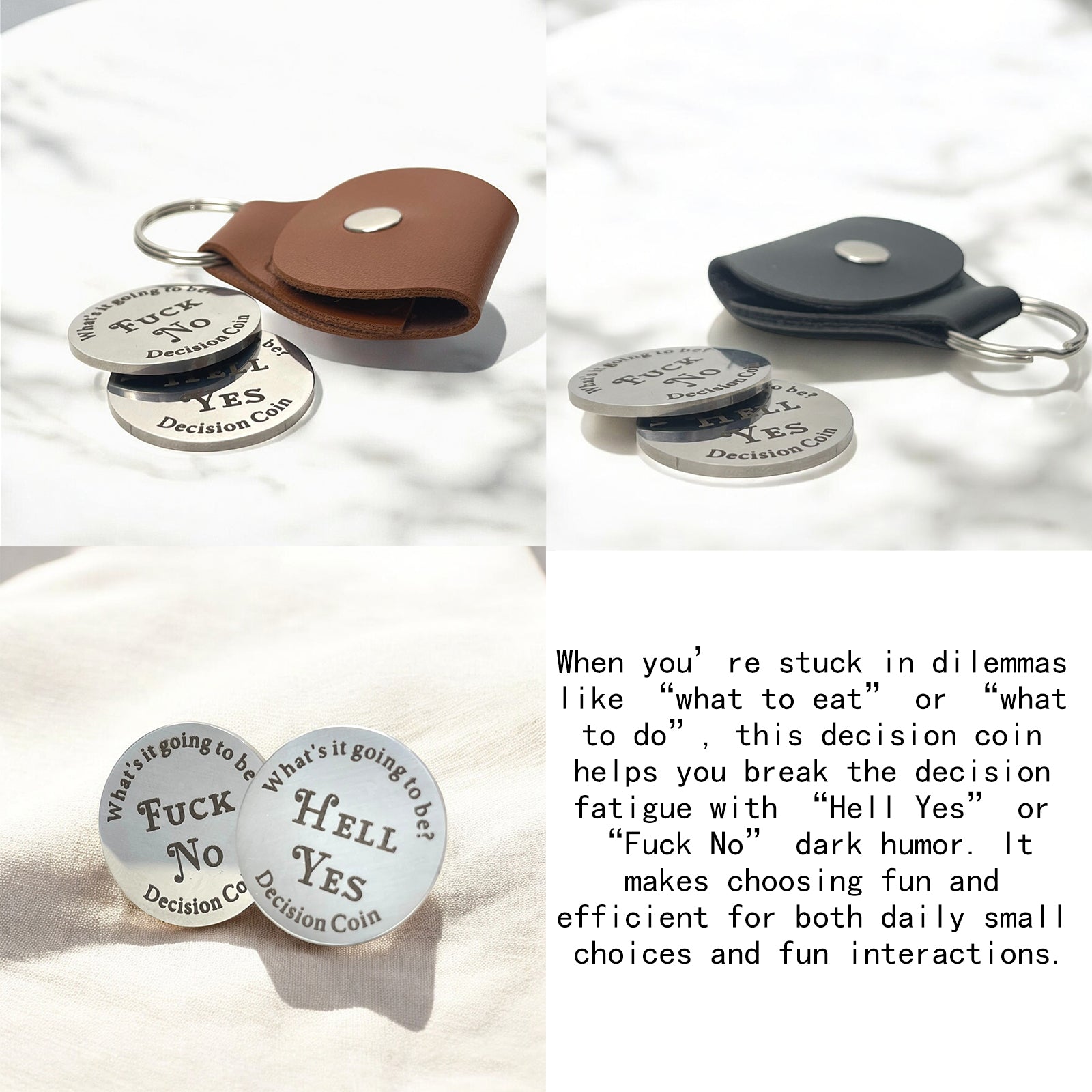 Hell Yes Fuck No Decision Coin with Leather Keychain Holder, Funny Decision Maker Coin for Dilemmas