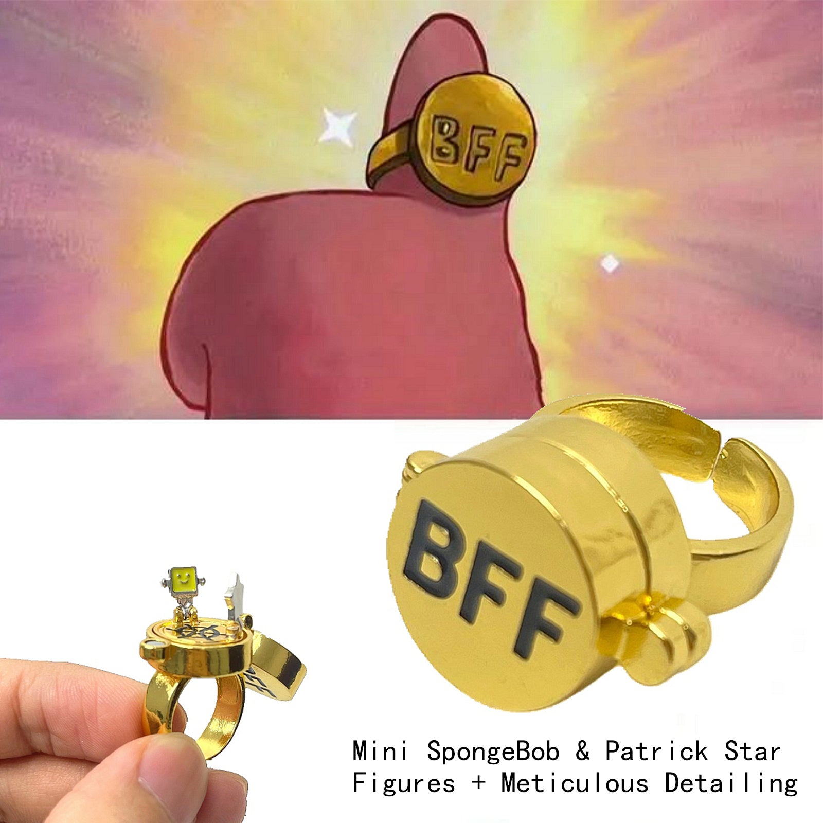 Gold BFF Spinner Ring-Unisex Rotating Friendship Ring，Spongebob Decor, Best Friend Rings,Matching Rings for Couples,Adjustable Fidget Jewelry Gift for Best Friends & Couples.