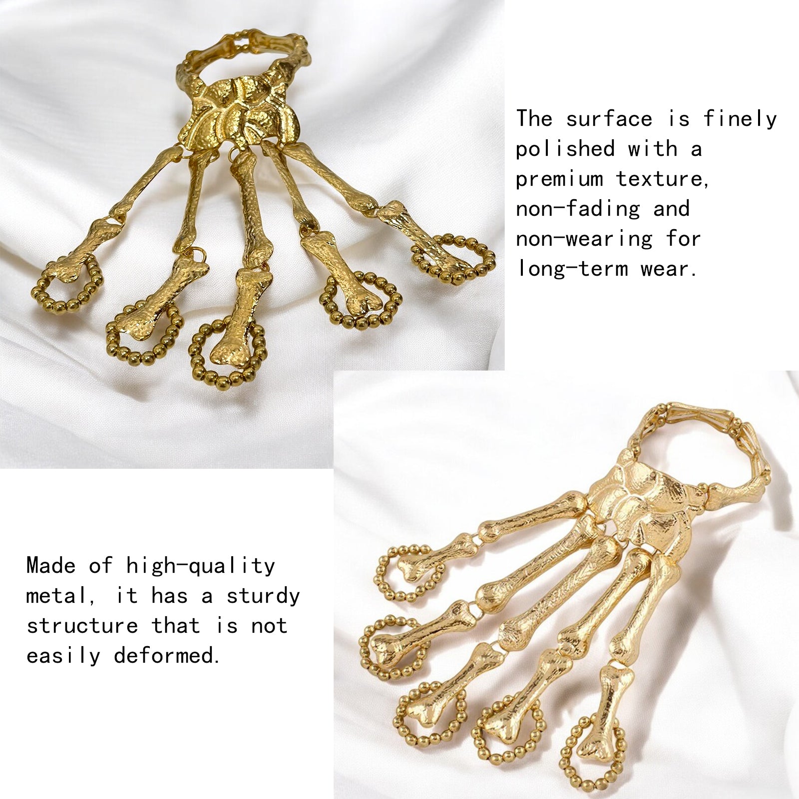 Gold Skeleton Hand Bone Bracelet with Ring,Skeleton Hand Bracelet, Gothic Punk Exaggerated Metal Skull Wristband