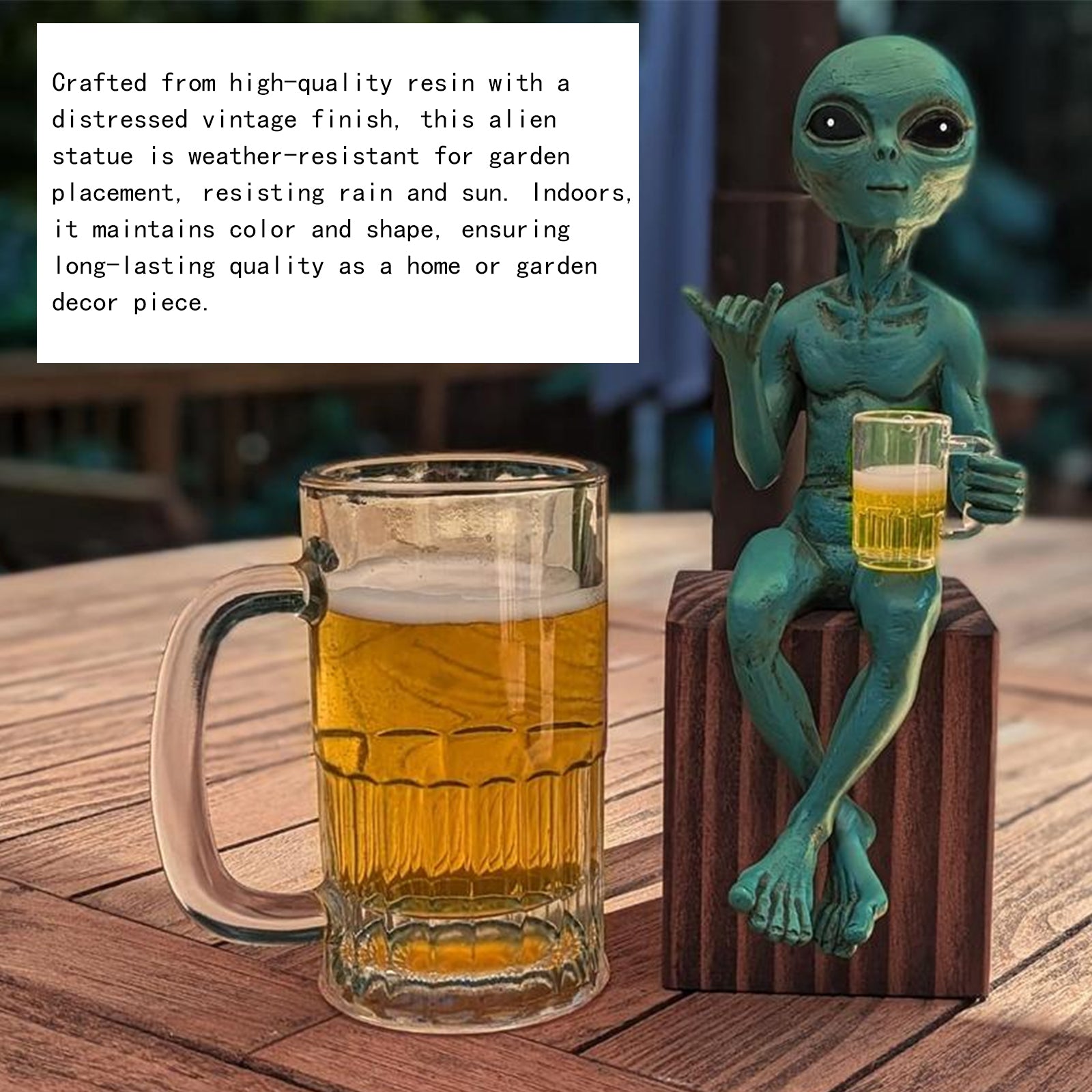 Alien with Beer Figurine Invasion 'Party Alien' Male Hang Loose Beer Drinking Ledge Lounger 15 Inch Funny Home or Garden Statue