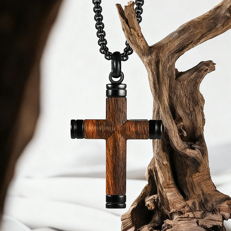 Men's Wooden Cross Necklace, Real Ebony Inlaid Black Stainless Steel Christian Crucifix Pendant