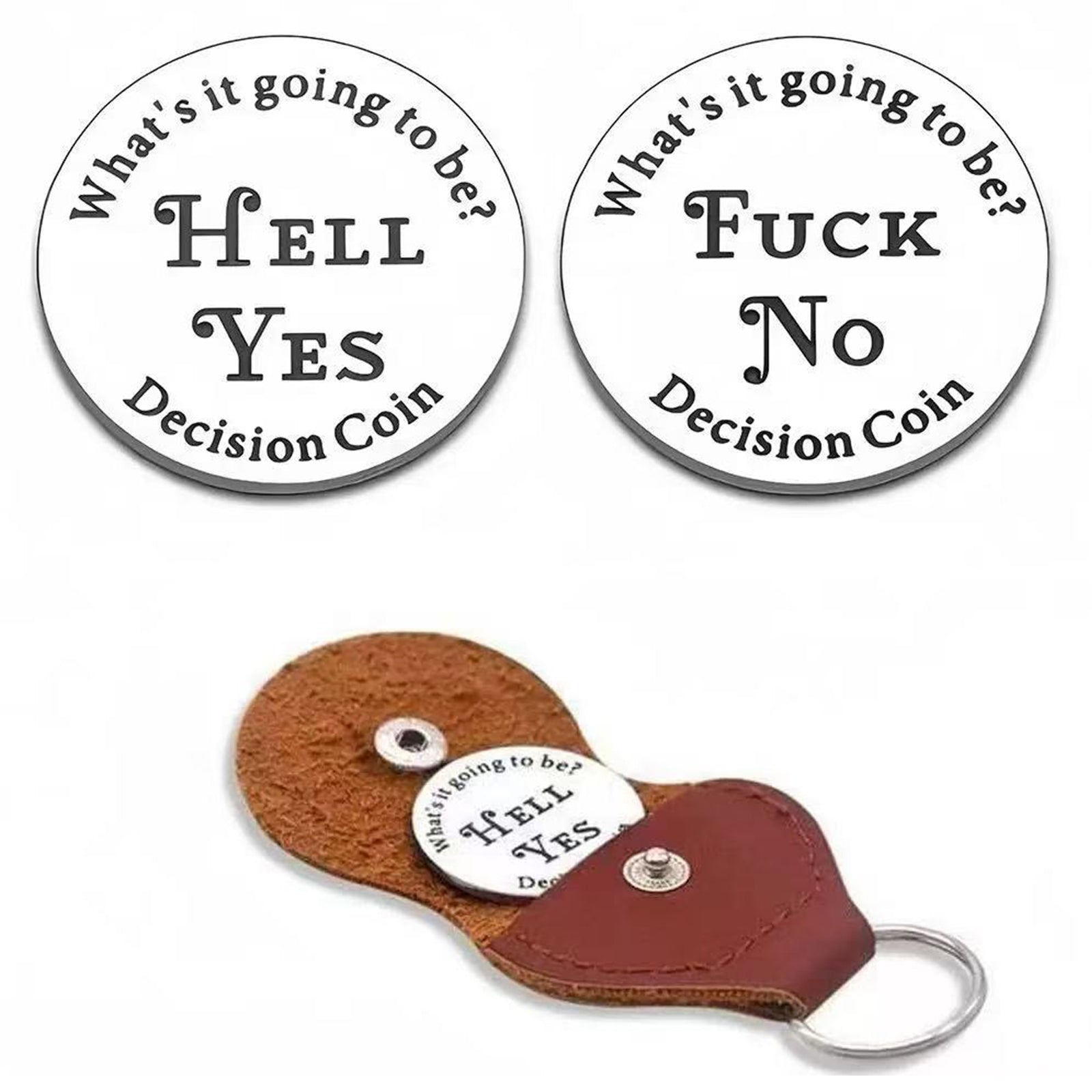 Hell Yes Fuck No Decision Coin with Leather Keychain Holder, Funny Decision Maker Coin for Dilemmas