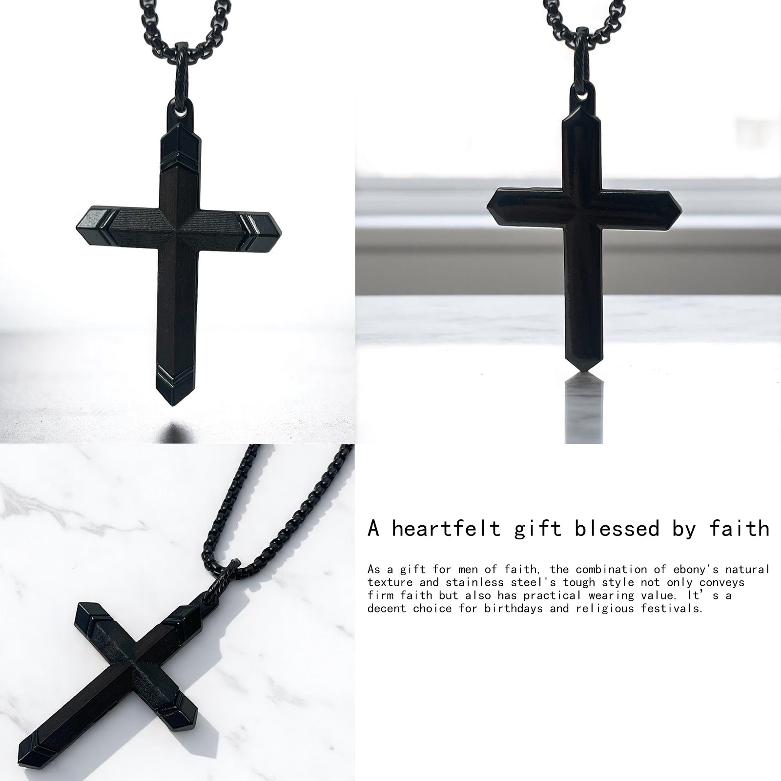 Men's Wooden Cross Necklace, Real Ebony Inlaid Black Stainless Steel Christian Crucifix Pendant