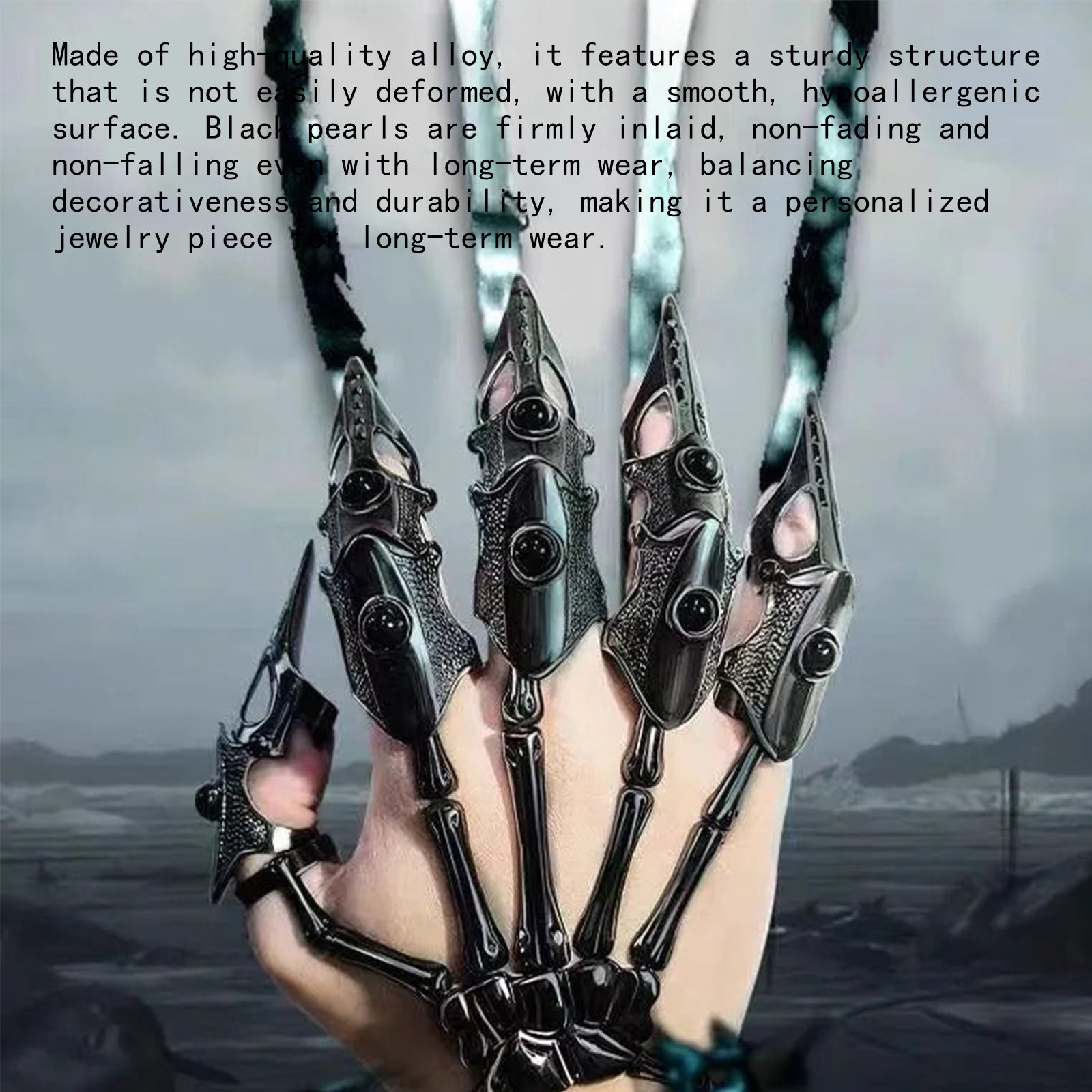 Black Pearl Skull Skeleton Hand Finger Armor Ring, Gothic Punk Mechanical Finger Jewelry for Men