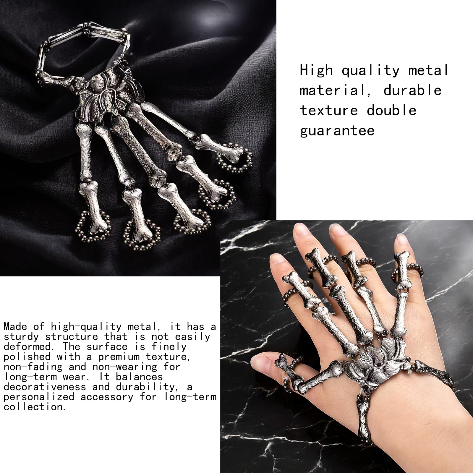 Gold Skeleton Hand Bone Bracelet with Ring,Skeleton Hand Bracelet, Gothic Punk Exaggerated Metal Skull Wristband