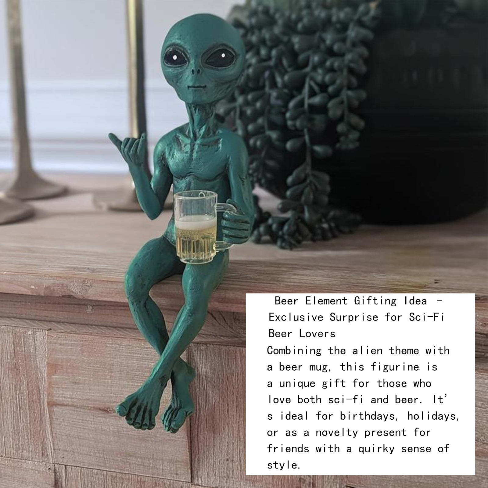 Alien with Beer Figurine Invasion 'Party Alien' Male Hang Loose Beer Drinking Ledge Lounger 15 Inch Funny Home or Garden Statue