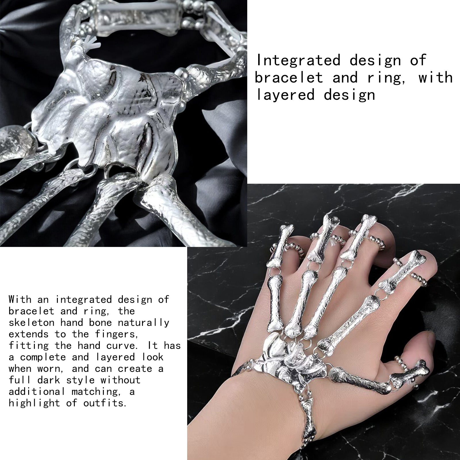 Gold Skeleton Hand Bone Bracelet with Ring,Skeleton Hand Bracelet, Gothic Punk Exaggerated Metal Skull Wristband