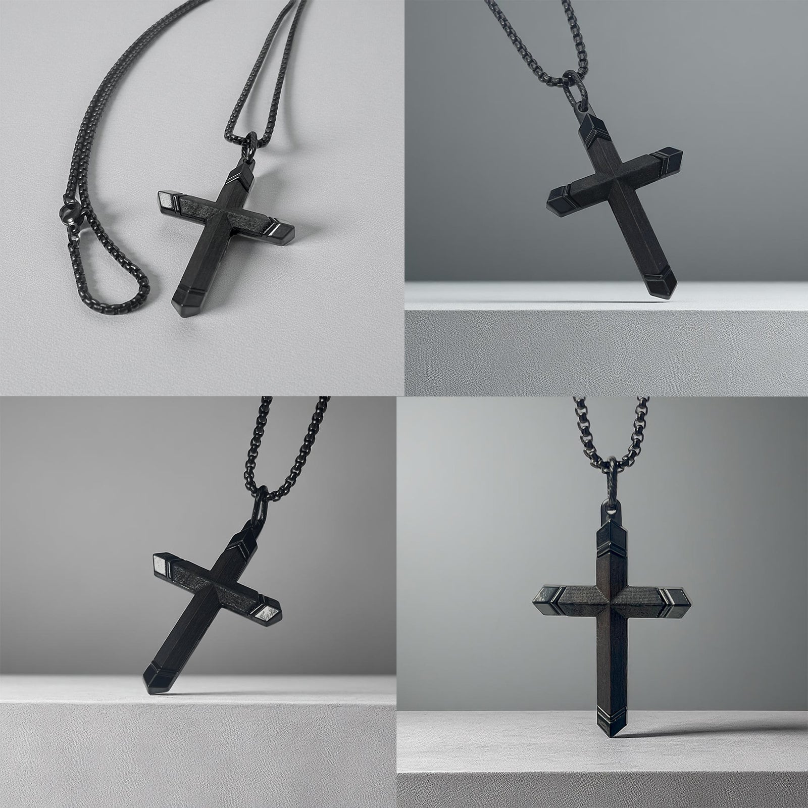 Men's Wooden Cross Necklace, Real Ebony Inlaid Black Stainless Steel Christian Crucifix Pendant