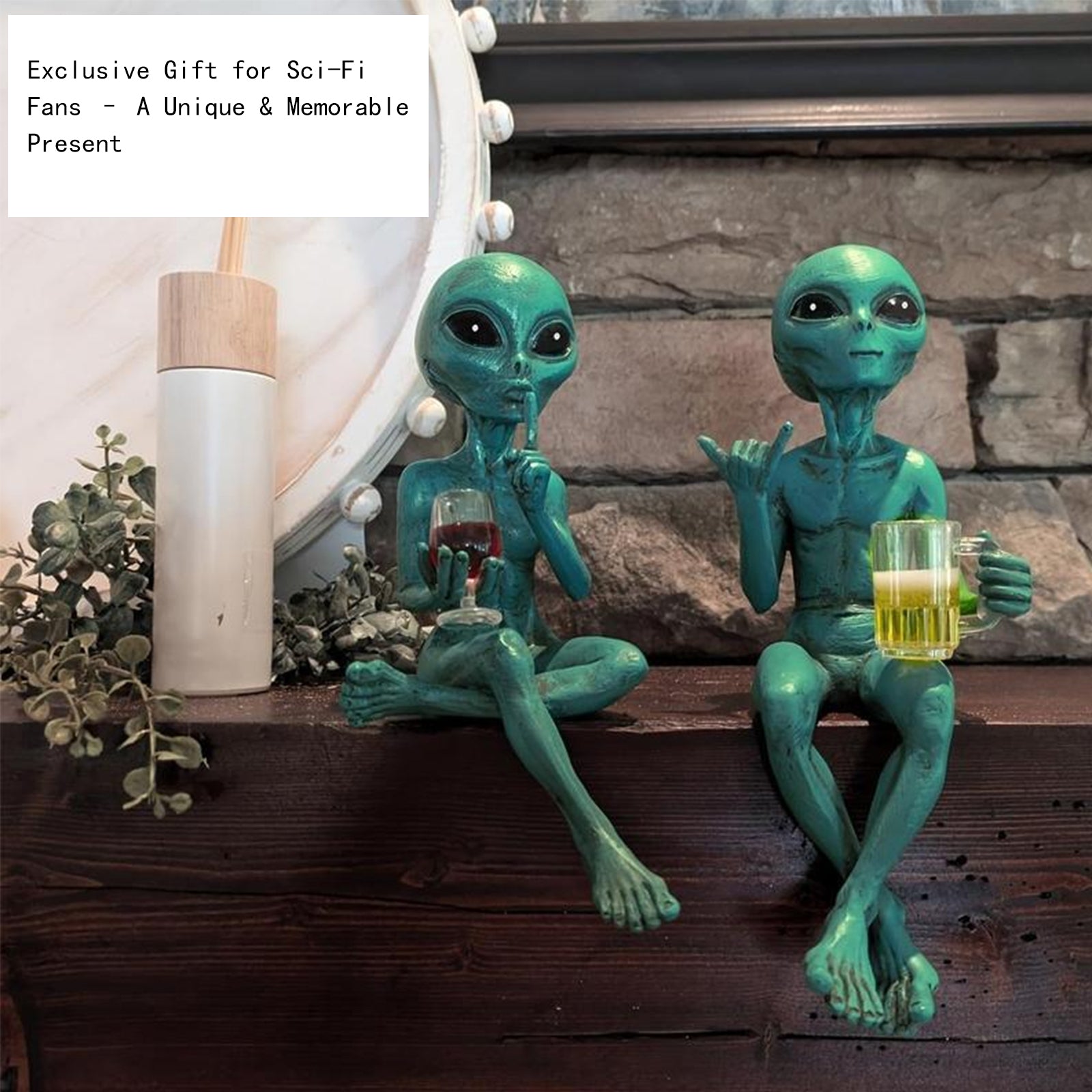 Alien with Beer Figurine Invasion 'Party Alien' Male Hang Loose Beer Drinking Ledge Lounger 15 Inch Funny Home or Garden Statue