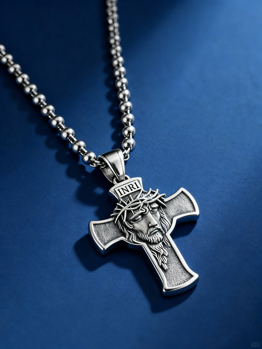 Jesus Christ Necklace,Crowned Christ Crucifix Necklace,INRI Cross Pendant,Jesus Necklace for Men,Mens Cross Necklaces