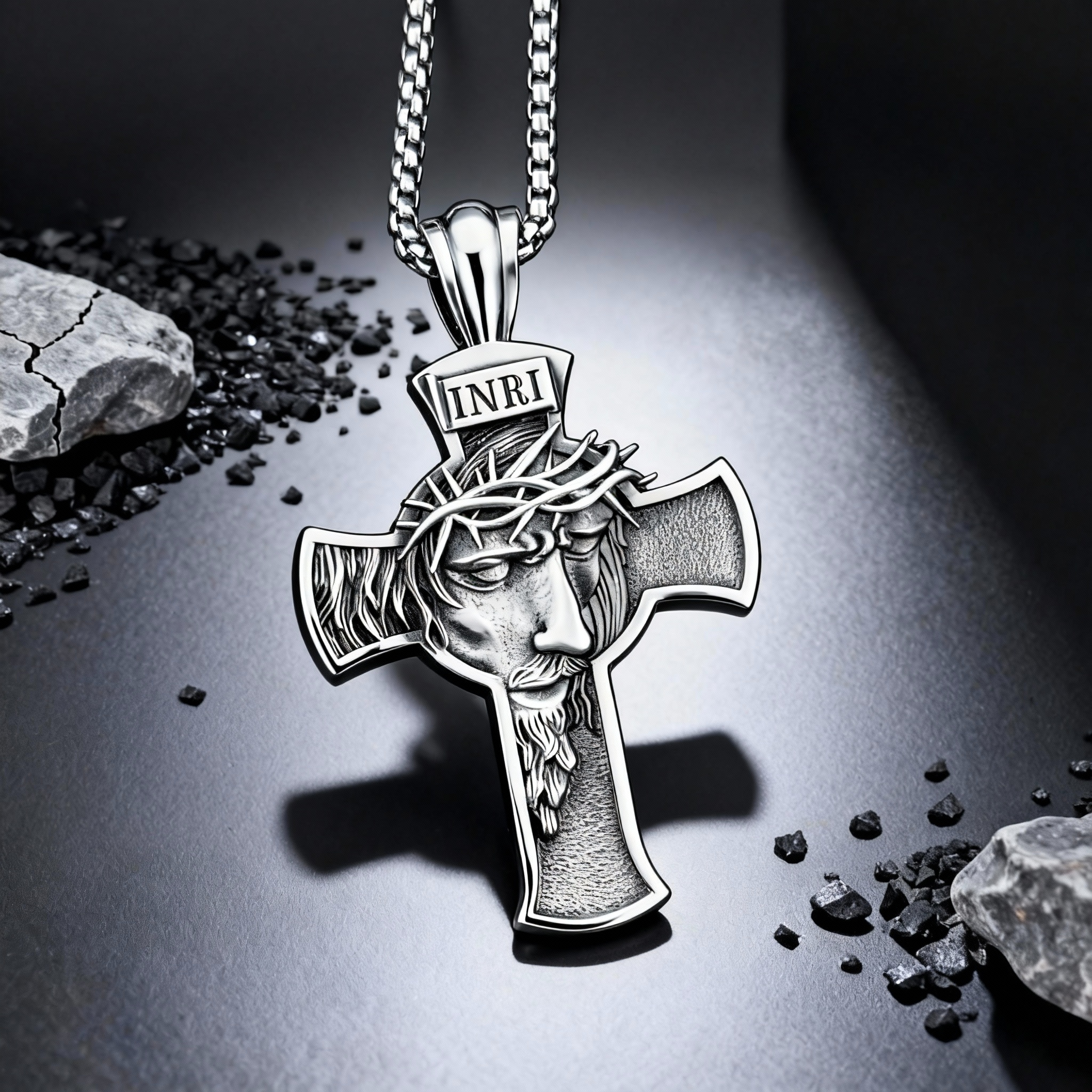 Jesus Christ Necklace,Crowned Christ Crucifix Necklace,INRI Cross Pendant,Jesus Necklace for Men,Mens Cross Necklaces