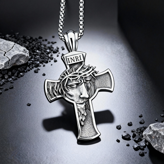 Jesus Christ Necklace,Crowned Christ Crucifix Necklace,INRI Cross Pendant,Jesus Necklace for Men,Mens Cross Necklaces