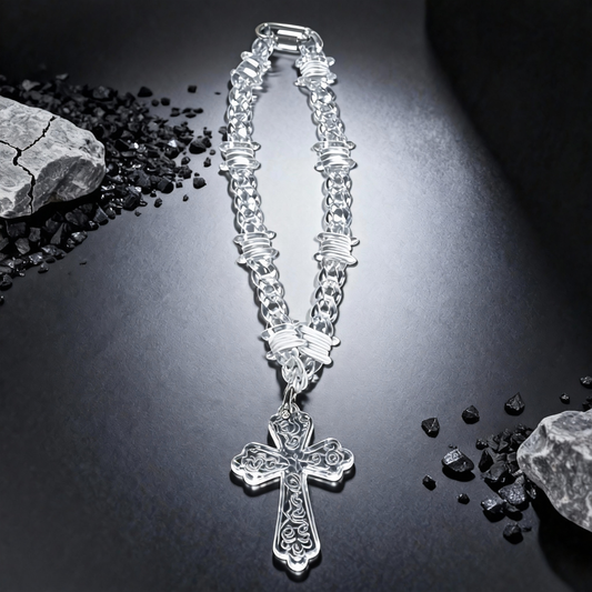 Clear Barbed Big Cross Link Necklace, X-Ray Chain Choker with Large Cross Pendant, Streetwear Chain for Birthday Gifts