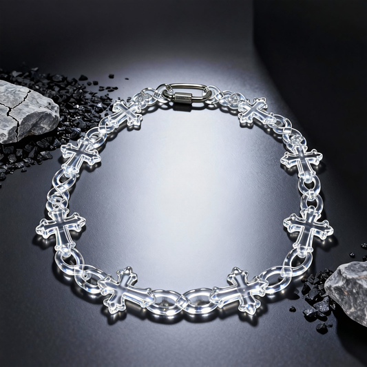 Clear Acrylic Cross Necklace, Gothic Punk Statement Chain with Cross Links