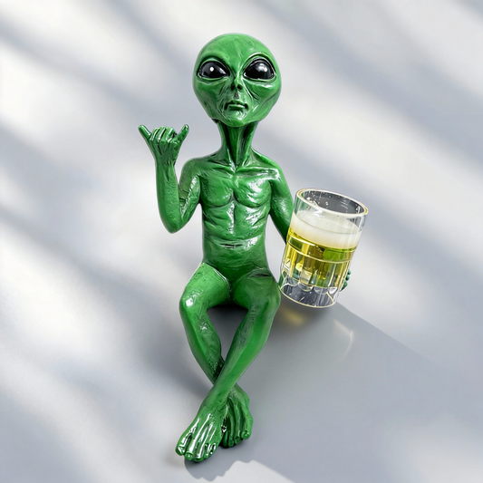 Alien with Beer Figurine Invasion 'Party Alien' Male Hang Loose Beer Drinking Ledge Lounger 15 Inch Funny Home or Garden Statue