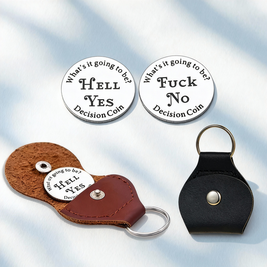 Hell Yes Fuck No Decision Coin with Leather Keychain Holder, Funny Decision Maker Coin for Dilemmas