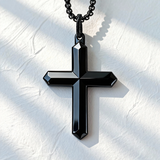 Men's Wooden Cross Necklace, Real Ebony Inlaid Black Stainless Steel Christian Crucifix Pendant