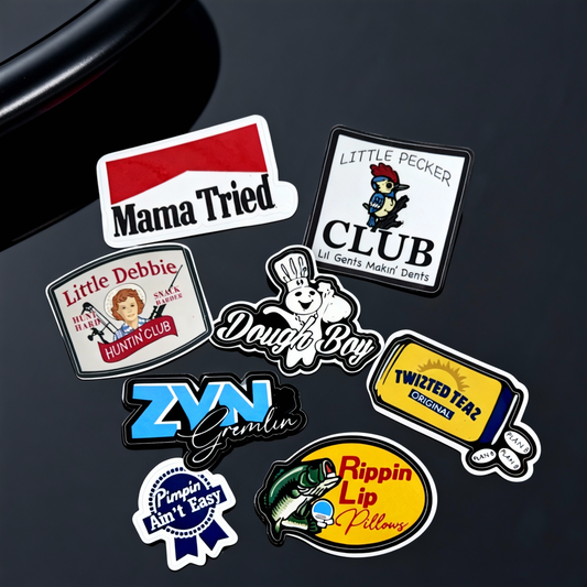 Good Little Goods 8-Pack Retro Funny Vinyl Stickers | American Owned Humorous Decals for Laptops, Cars, Water Bottles