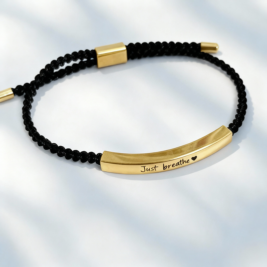 Just Breathe Engraved Bracelet, Adjustable Black Braided Rope Bracelet with Inspirational Message Card, Stress Relief Motivational Jewelry Gift for Women Men Friend Daughter Son
