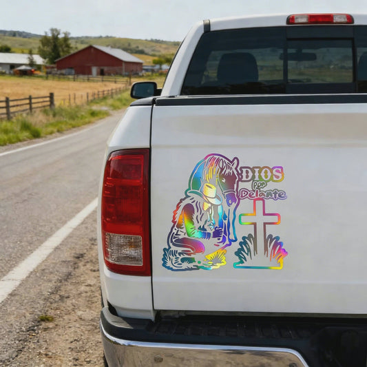 Holographic Cowboy & Horse Religious Sticker (DIOS POR DELANTE) | Iridescent Western-Faith Decal for Cars, Laptops & Smooth Surfaces